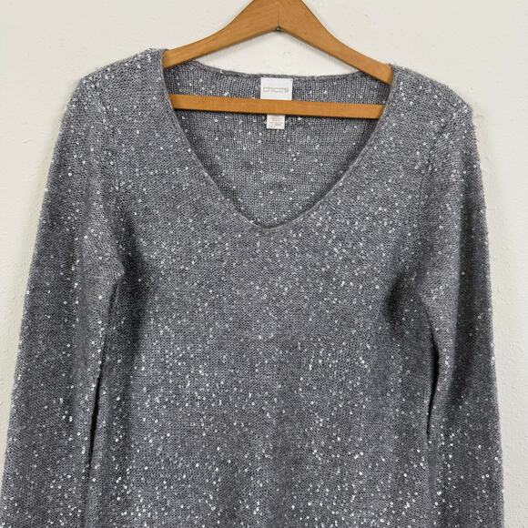 Chico's Women Silver Sequined Sweater Size 0 (US Small/4) Lace Hem Glam Holiday - Picture 2 of 10